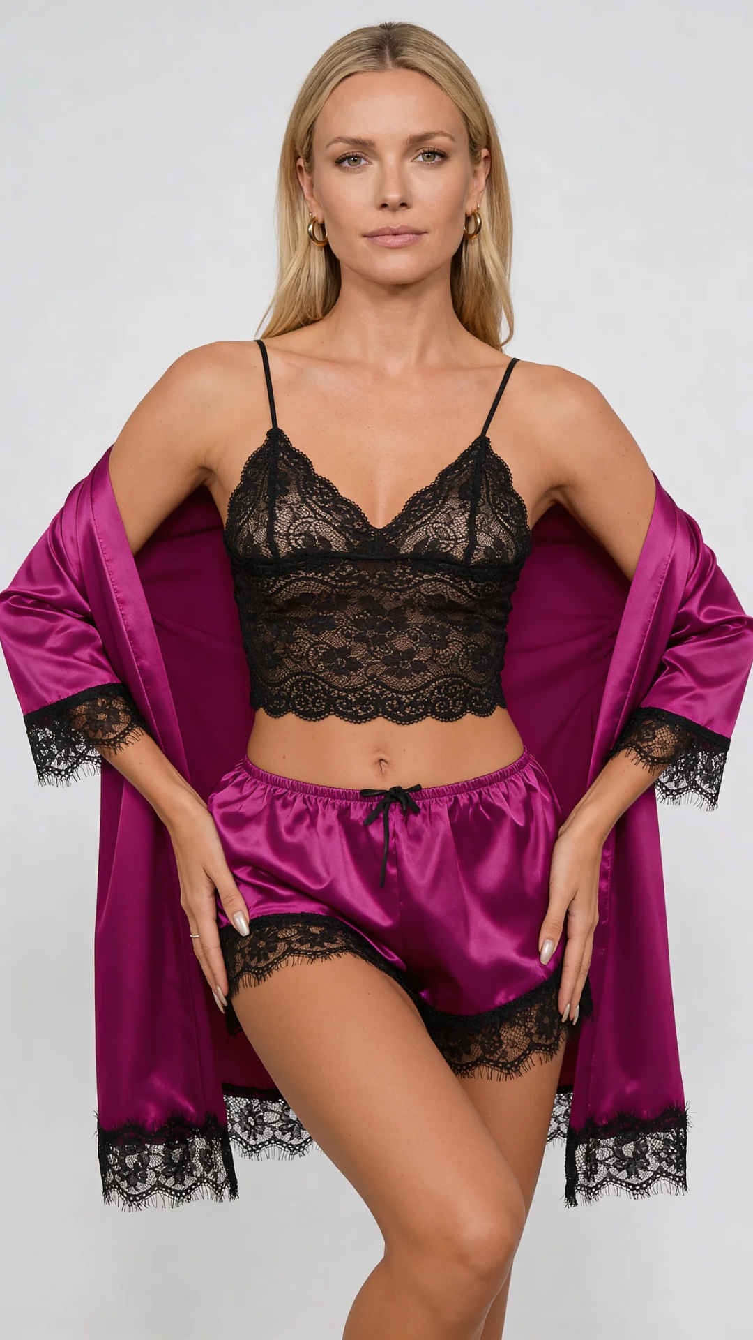 Aurora – Set da Lounge in Satin e Pizzo con Kimono e Pantaloni Corti